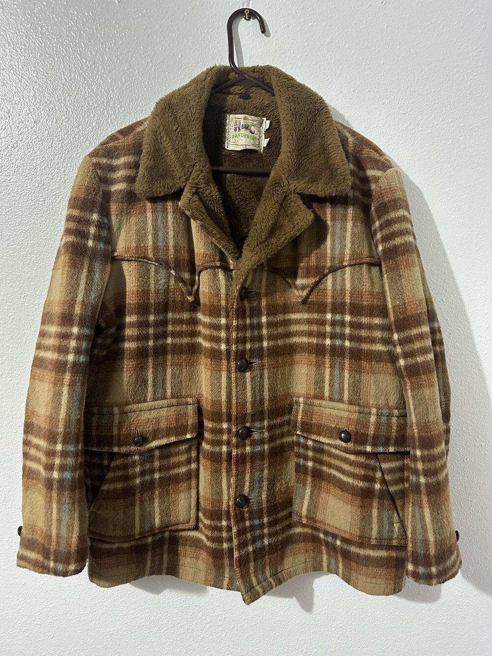 VTG H Bar C 1980’s Wool Plaid Sherpa Western Coat Mens 44 Lg Barn Ranch USA